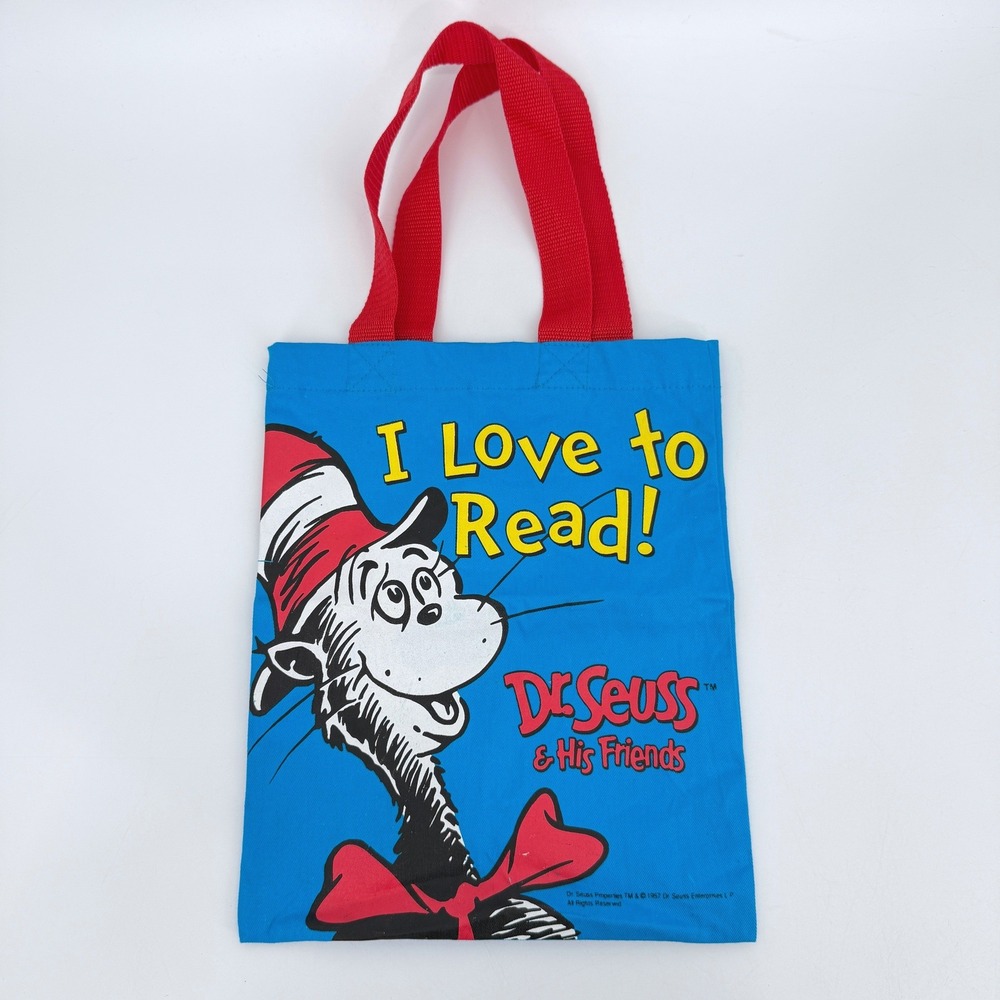 Dr. Seuss I Love‎ To Read Book Bag Vintage Tote Blue with Red Handles